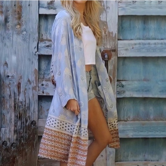 Angie Jackets & Blazers - ANGIE Kimono Womens Small Blue Floral Print Open Boho Belted Cardigan Duster